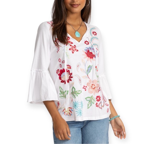 JOHNNY WAS Freyde Tee Bell Sleeve Floral Embroidery Ruffle Sleeve White Top NWT - Picture 2 of 9
